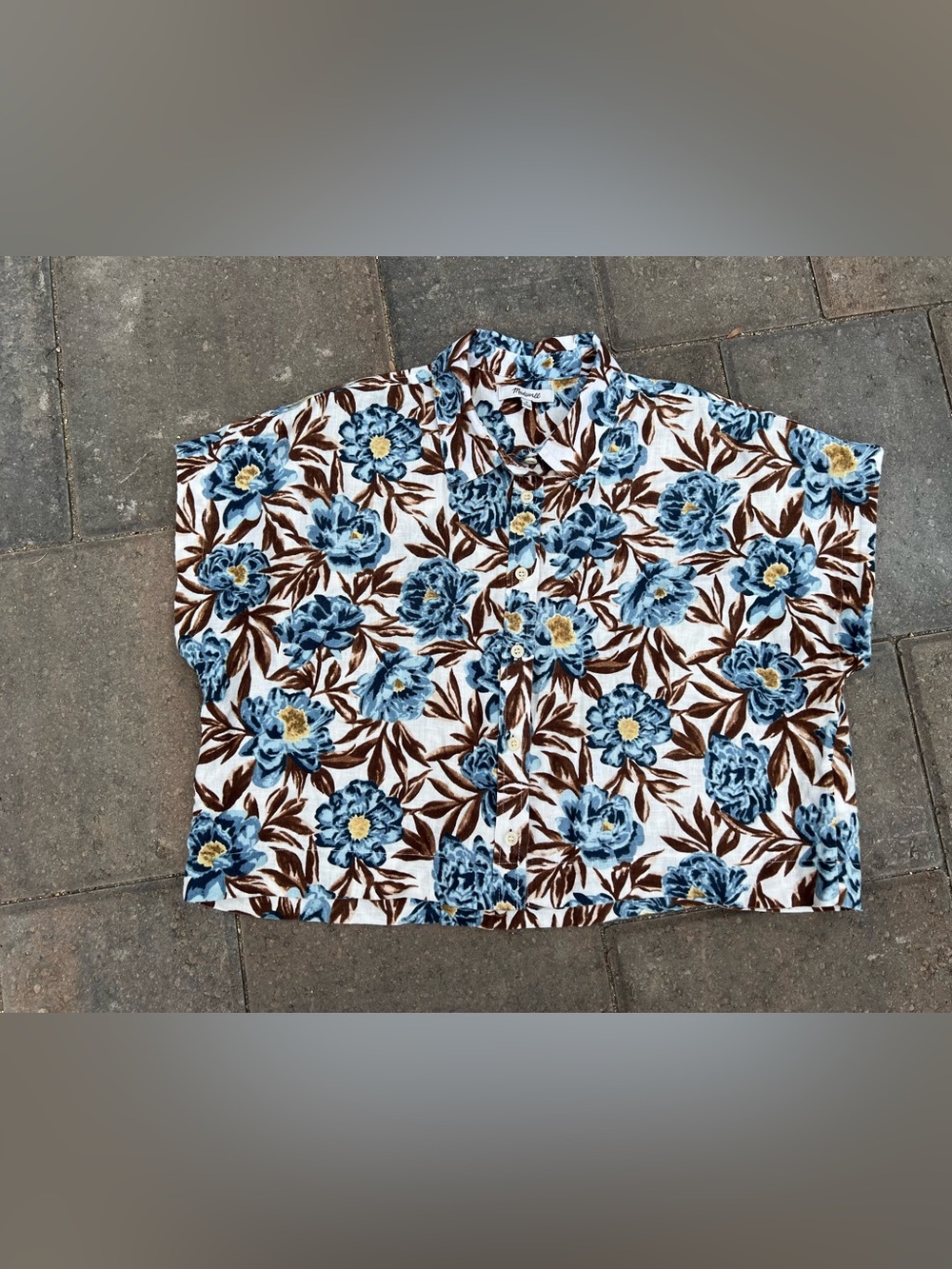 Madewell Blue Floral 100% Linen Boxy Crop Button-Up Shirt Size M